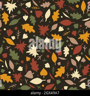 Lovely autumn leaves seamless pattern on dark background. Trendy doodle flat style. Great for cards, apparel design, wallpapers, gift wrapping paper Stock Vector