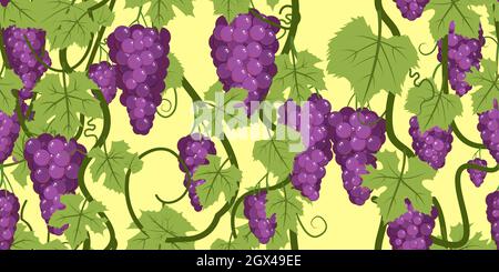 Purple red grape bunches on the vine. Branches with berries on a dense bush. Young vineyard. Sweet autumn harvest. On dark background. Seamless Stock Vector