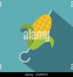 Delicious grilled corn in skewer icon, flat style Stock Vector