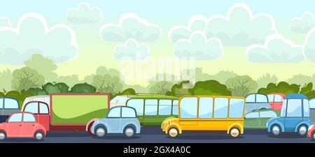 Heavy traffic on road. Seamless horizontal cartoon illustration. Asphalt path. Summer morning landscape. Different cars in comic style. Vector Stock Vector