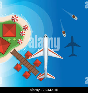 Airplane flying over the ocean Stock Vector