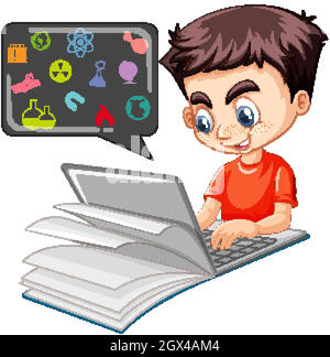 Boy searching on laptop with education icon isolated Stock Vector