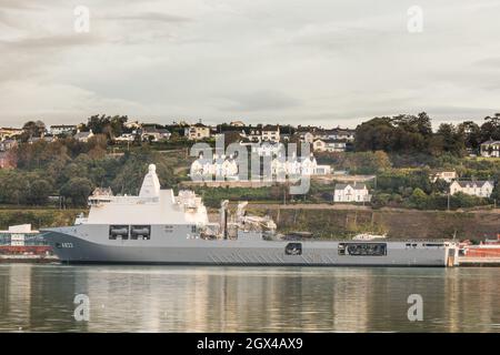 Cobh, Cork, Ireland. 04th October, 2021. Multi-function naval support ship HNLMS Karel Doorman of the Royal Netherlands Navy at the deep water berth in Cobh, Co. Cork  during her courtesy visit to the historic town. - Picture; David Creedon / Alamy Live News Stock Photo
