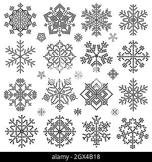Pixel Art Winter Snowflakes Silhouettes Stock Vector