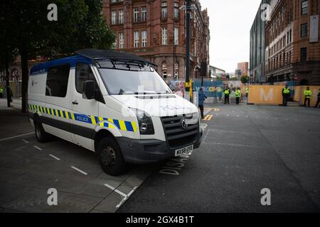 Manchester, UK. 3rd October 2021. Tight security surrounds the Manchester Central  Convention Complex where the Conservative Party is holding its annu Stock Photo