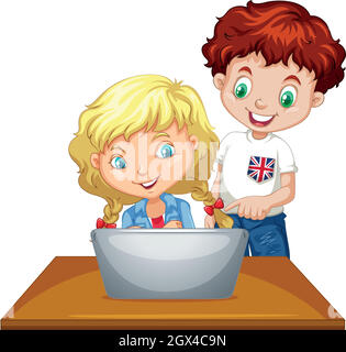 Boy and girl using computer Stock Vector