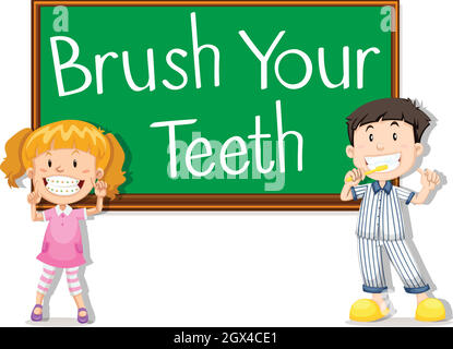 Children and board saying brush your teeth Stock Vector