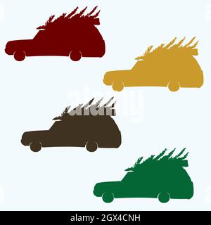 Station Wagon Car with Christmas Tree on Roof  Top. Holiday illustration. Colored silhouette. Stock Vector