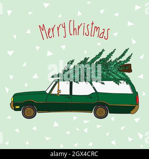 Station Wagon Car with Christmas Tree on Roof  Top. Holiday illustration. Green Color. Stock Vector