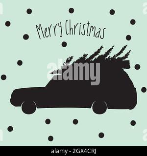 Station Wagon Car with Christmas Tree on Roof  Top. Holiday illustration. Black silhouette. Stock Vector