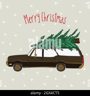 Station Wagon Car with Christmas Tree on Roof  Top. Holiday illustration. Brown Color. Stock Vector