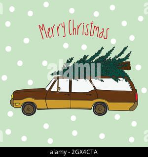 Station Wagon Car with Christmas Tree on Roof  Top. Holiday illustration. Yellow Color. Stock Vector