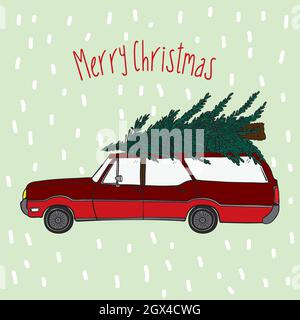 Station Wagon Car with Christmas Tree on Roof  Top. Holiday illustration. Red Color. Stock Vector