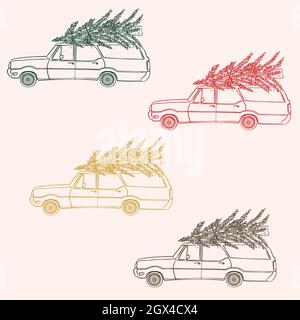 Station Wagon Car with Christmas Tree on Roof  Top. Holiday illustration. Colored outline. Stock Vector