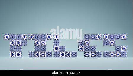 3D rendering of Floral Wall Ceramic Tiles arranged into TILES word on blue background Stock Photo