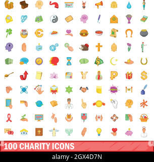 100 charity icons set, cartoon style Stock Vector