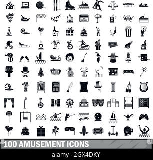 100 amusement icons set, simple style Stock Vector