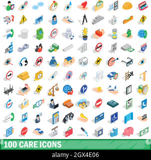 100 care icons set, isometric 3d style Stock Vector