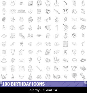 100 birthday icons set, outline style Stock Vector