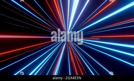Neon glowing rays in motion into digital technologic tunnel. Travel through space and time. 3D illustration Stock Photo