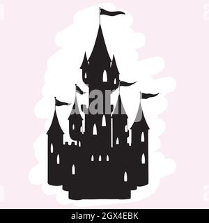 Hand Drawn Castle. Princess Royal Palace. Fairy tale illustration. Hearts, butterflies, flags, tower. Black cutout silhouette. Stock Vector