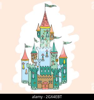 Hand Drawn Castle. Princess Royal Palace. Fairy tale illustration. Hearts, butterflies, flags, tower. Colored doodles. Stock Vector