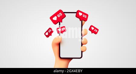 Cute 3D cartoon hand holding mobile smartphone with Likes notification icons on white background. Social media and marketing concept. Vector illustration Stock Vector