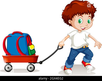 Little boy pulling cart with backpack on it Stock Vector