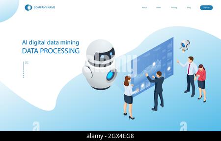 AI digital data mining, Data processing. Maintenance engineer working with digital display. Robot programming. Expert team for Data Analysis, Business Stock Vector