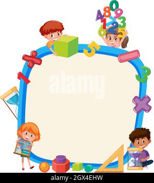 Empty board with school kids and math objects illustration Stock Vector