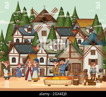 Medieval town scene with villagers and castle illustration Stock Vector ...