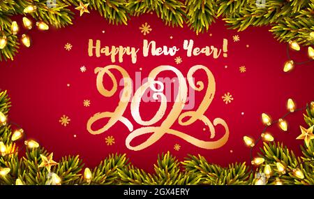 Happy New Year greeting card with hand lettering 2022. Horizontal banner with golden handwritten figures, Christmas tree branches and luminous garland Stock Vector