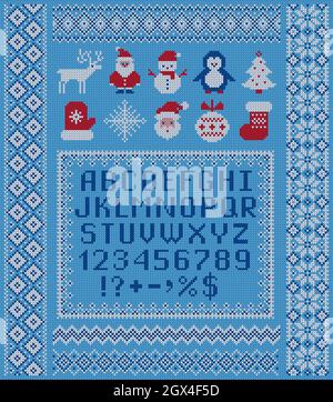Knitted sweater patterns, elements and alphabet for Christmas,  New Year or winter design. Vector set. Scandinavian seamless ornaments, letters, Santa Stock Vector