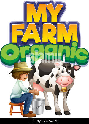 Font design for word my farm with farmer milking cow Stock Vector