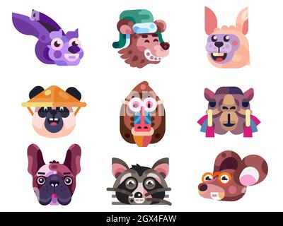 Funny Animal Heads and Faces Icons in Flat Stock Vector