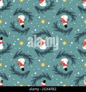 Seamless Christmas pattern with snowmen, fir trees, stars and snowflakes on blue background. Bright print for New Year and winter holiday, wrapping paper, textiles and design. Stock Vector