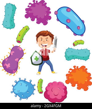 Boy with weapon fighting germs Stock Vector