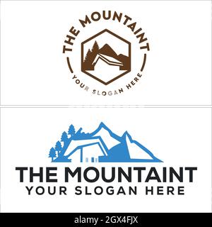 Set of mountain camping adventure forest logo design Stock Vector