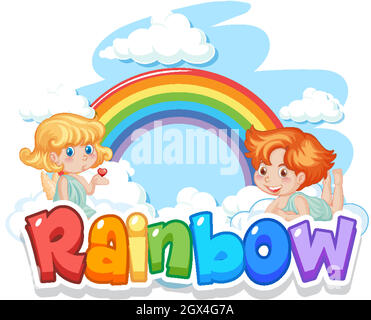 Font design for word rainbow with rainbow in the sky background Stock Vector