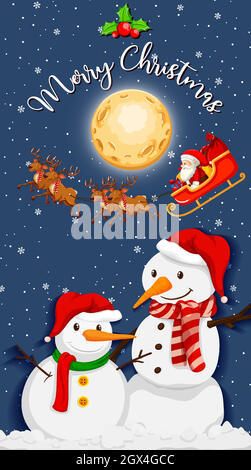 Two snowman with merry christmas font at night Stock Vector