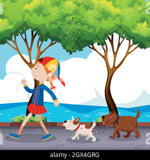 Girl and two dogs walking on street Stock Vector