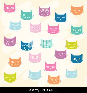Cat faces kawaii. Hand drawn kittens emoji. Feline emotions. Colored cutout silhouette. Stock Vector
