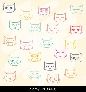Cat faces kawaii. Hand drawn kittens emoji. Feline emotions. Colored outline. Stock Vector