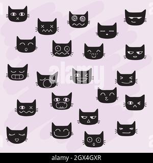 Cat faces kawaii. Hand drawn kittens emoji. Feline emotions. Black cutout silhouette. Stock Vector