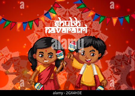 Navaratri poster design with happy children Stock Vector