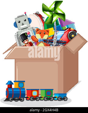 Cardboard box full of toys on white background Stock Vector