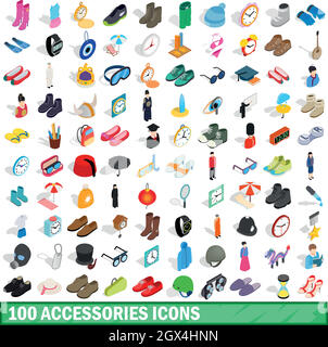 100 accessories icons set, isometric 3d style Stock Vector