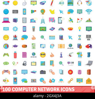 100 computer network icons set, cartoon style Stock Vector