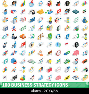 100 business strategy icons set, isometric style Stock Vector