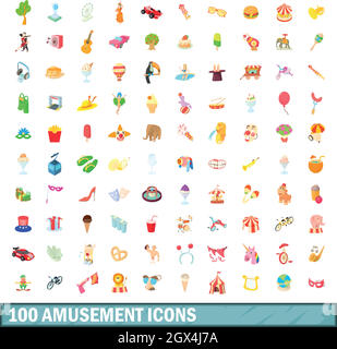 100 amusement icons set, cartoon style Stock Vector